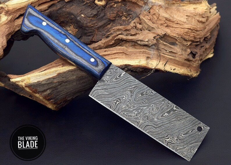 10" Custom Handmade Damascus Steel Cleaver, chopping Mincing Chopper Knife With Blue Wood Handle With Genuine Leather Sheath | The Viking Blade |