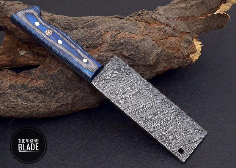 10" Custom Handmade Damascus Steel Cleaver, chopping Mincing Chopper Knife With Blue Wood Handle With Genuine Leather Sheath | The Viking Blade |