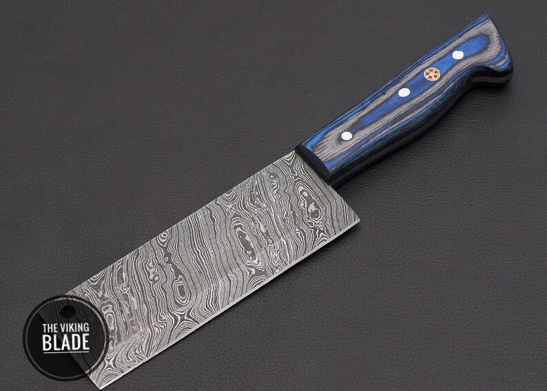 10" Custom Handmade Damascus Steel Cleaver, chopping Mincing Chopper Knife With Blue Wood Handle With Genuine Leather Sheath | The Viking Blade |