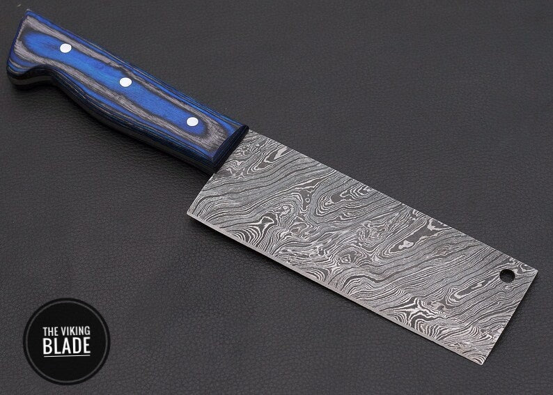 10" Custom Handmade Damascus Steel Cleaver, chopping Mincing Chopper Knife With Blue Wood Handle With Genuine Leather Sheath | The Viking Blade |