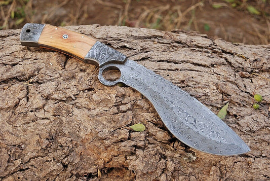 Exquisite Handmade Raindrop Damascus Steel Kukri Knife with Olive Wood Handle - 12-Inch Overall Length - Includes Leather Sheath