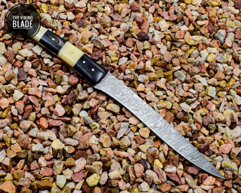 12" Beautiful Damascus Steel Handmade Fillet Knife, Chef Knife with Bone & Buffalo Horn | The Viking Blade |