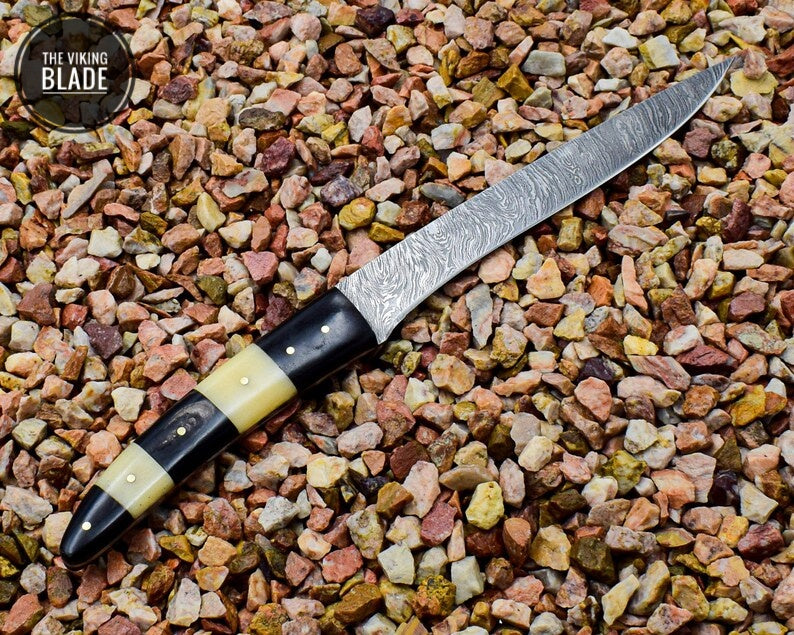 12" Beautiful Damascus Steel Handmade Fillet Knife, Chef Knife with Bone & Buffalo Horn | The Viking Blade |