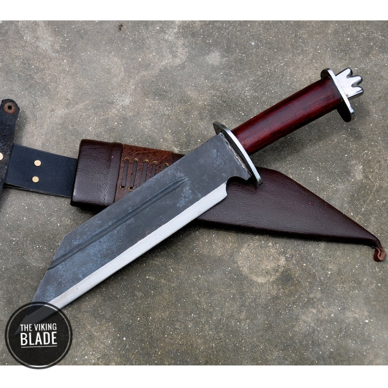 Authentic Viking-style Seax knife with 12 inch blade, handcrafted finish, and leather sheath.