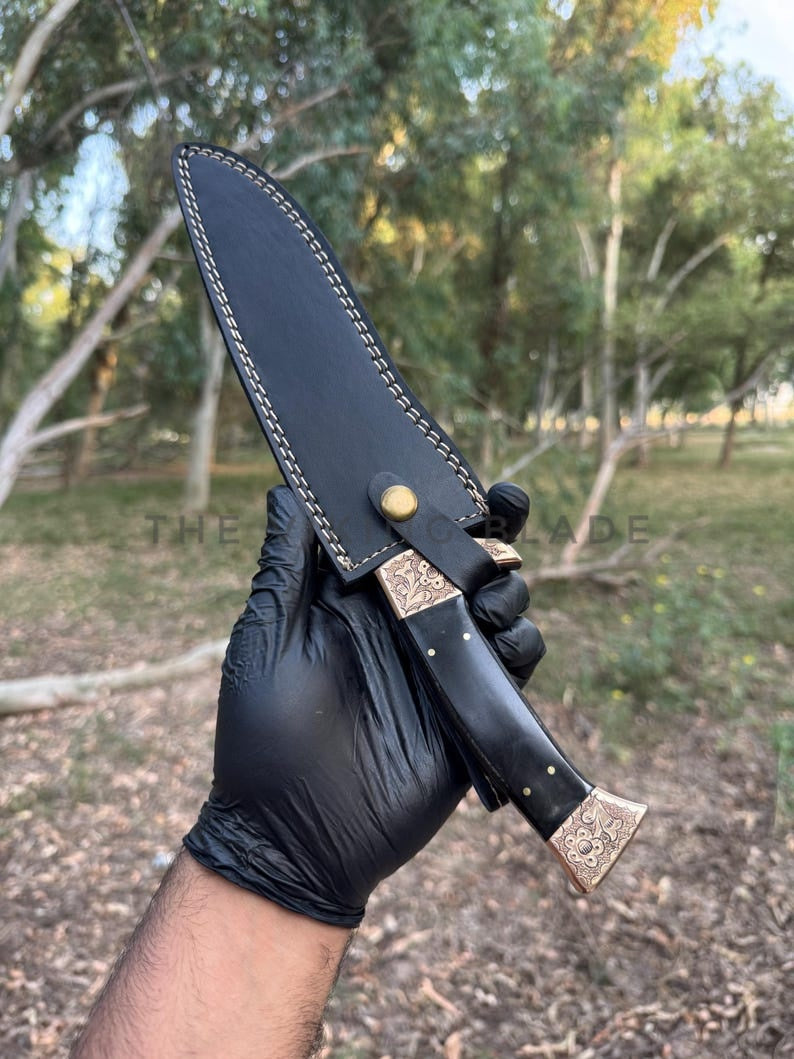 14" Custom Handmade Damascus Steel Bowie Hunting Knife - Chisel Engraved Copper Bolsters - Scrimshaw Handle