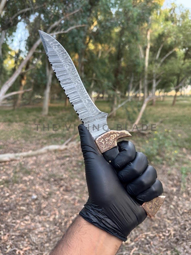 14" Custom Handmade Damascus Steel Bowie Hunting Knife - Chisel Engraved Copper Bolsters - Scrimshaw Handle