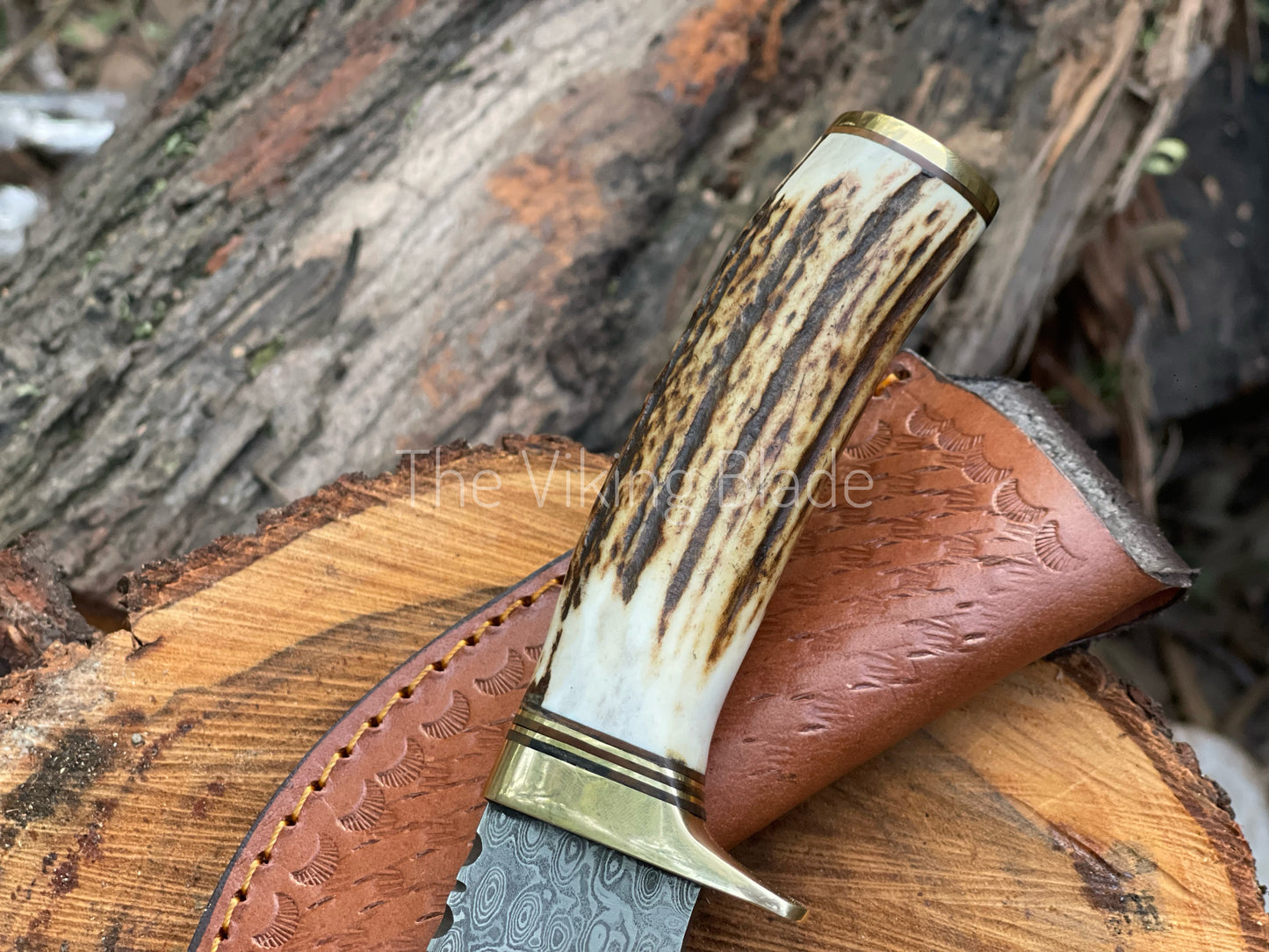 Custom Handmade Damascus Steel Gut Hook Hunting Knife With Leather Sheath