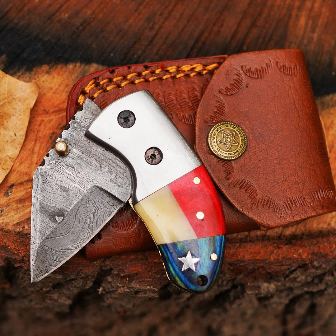 Hand Forged 5.5" EDC Mini Pocket Folding Knife with Leather Sheath