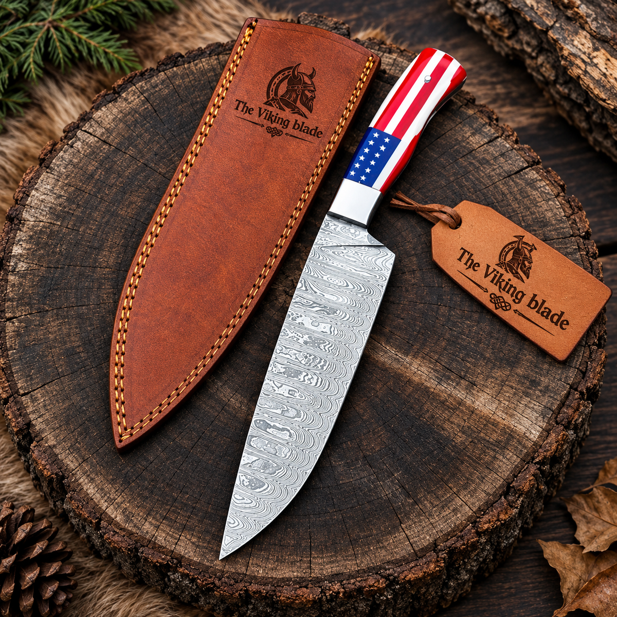 200-Layer Damascus Chef Knife with USA Flag Resin Handle, Full-Tang Design, 55–58 HRC Steel and Leather Sheath. Handmade for precision, strength, durability and quality.