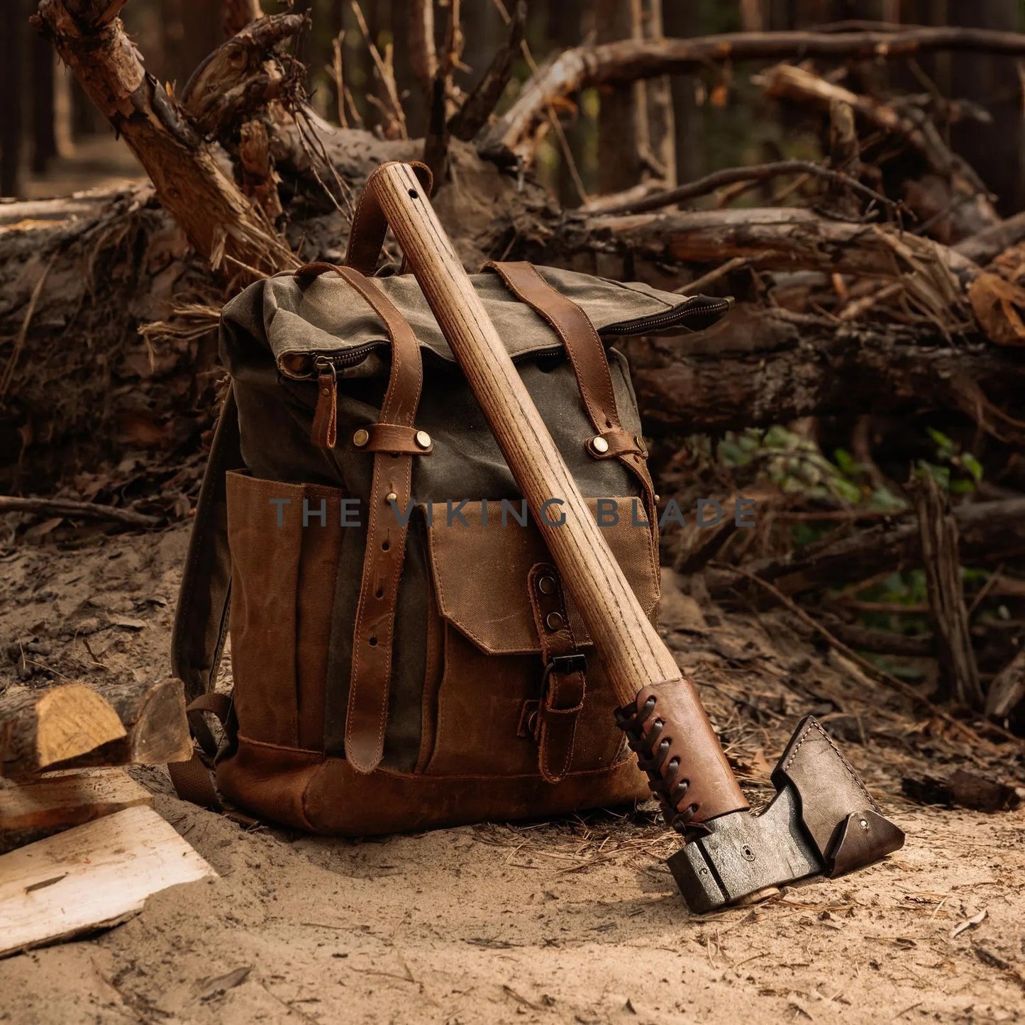 Brown leather backpack with rifle and ax on a forest floor, 'The Viking Blade' brand visible.