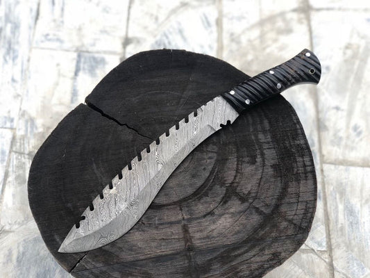 Damascus Kukri Knife with Buffalo Horn Handle - 15-Inch Overall Length - Includes Leather Sheath