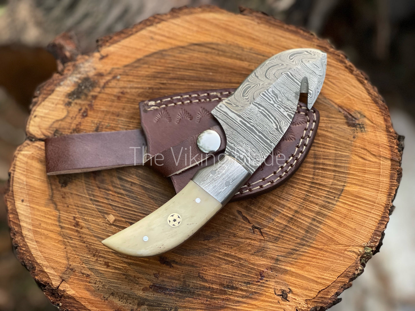 Custom Handmade Damascus Steel Gut Hook Hunting Knife With Leather Sheath