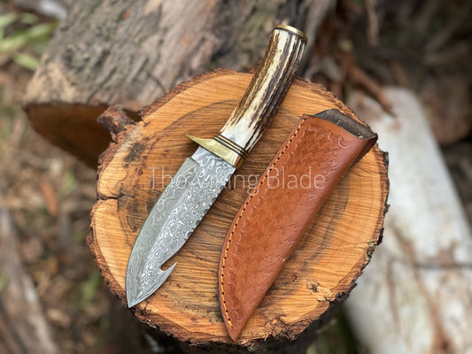 Custom Handmade Damascus Steel Gut Hook Hunting Knife With Leather Sheath