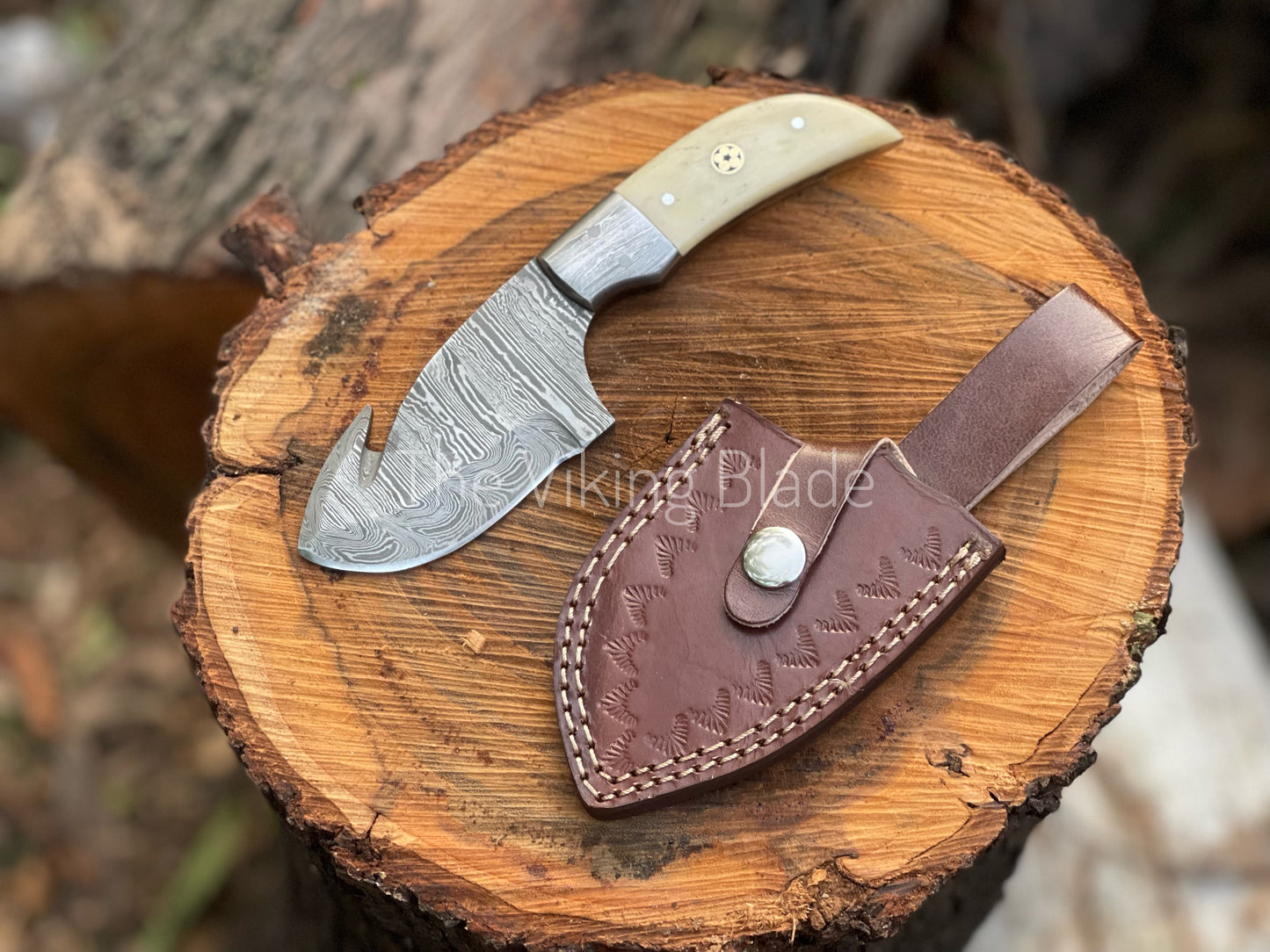 Custom Handmade Damascus Steel Gut Hook Hunting Knife With Leather Sheath