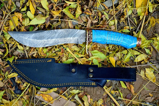 Custom Handmade Damascus Steel Kukri Knife with Turquoise Epoxy Resin Handle and Leather Sheath - 13 Inches