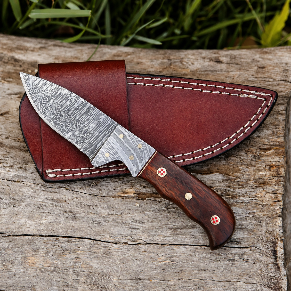 7.25” Handmade Forged Damascus Steel Full Tang Skinner Knife - Dark Wood Handle