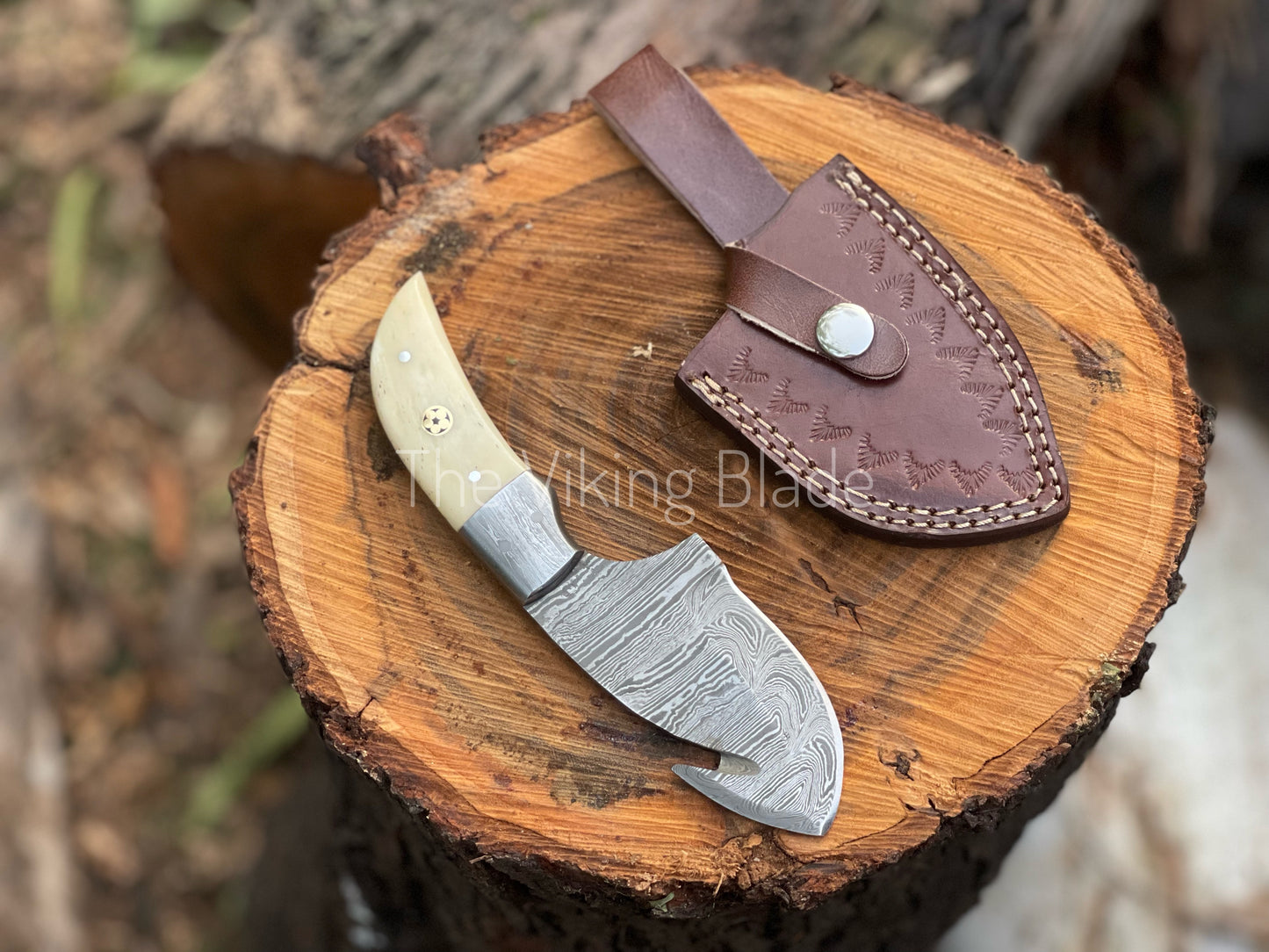 Custom Handmade Damascus Steel Gut Hook Hunting Knife With Leather Sheath