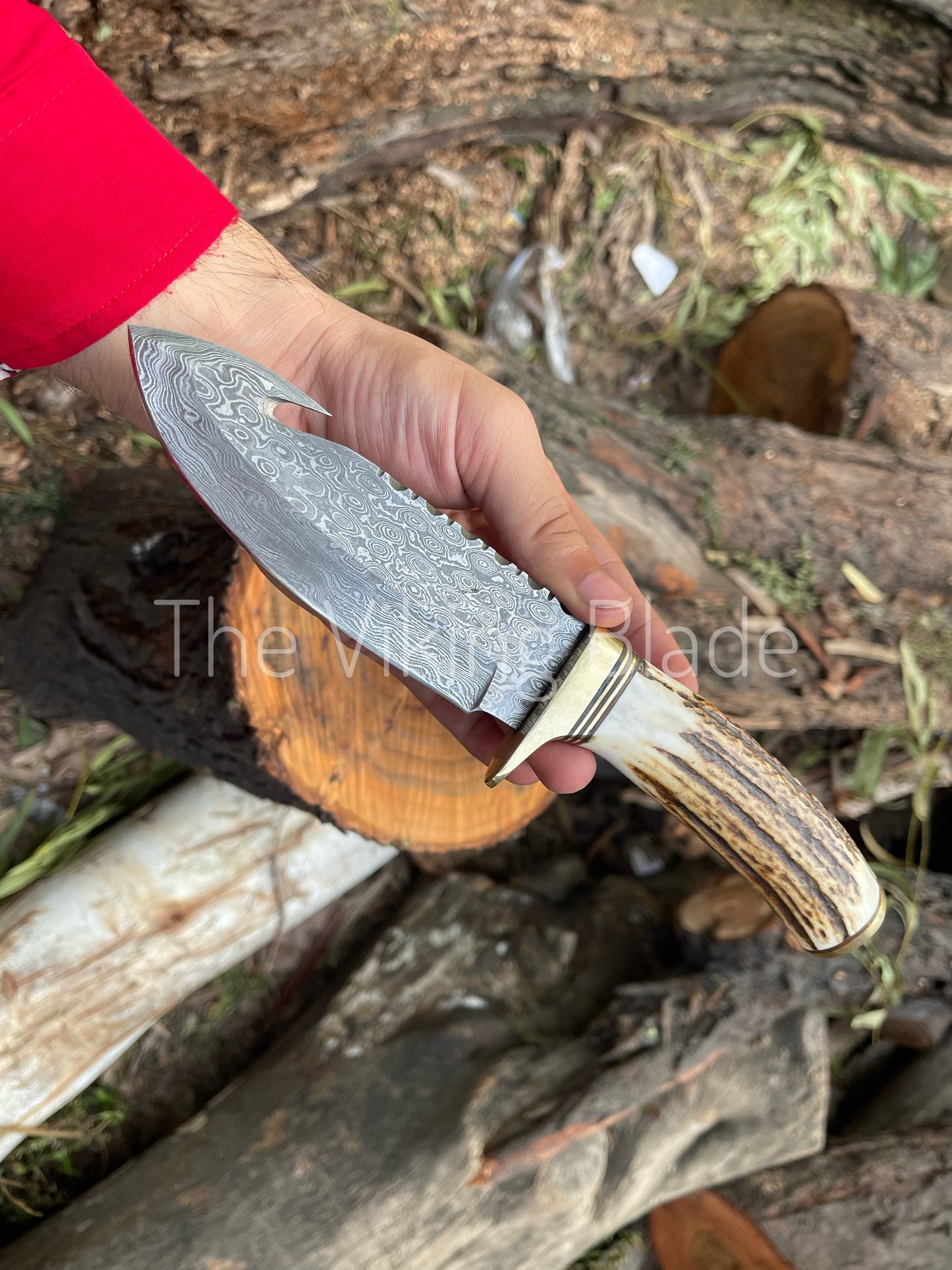 Custom Handmade Damascus Steel Gut Hook Hunting Knife With Leather Sheath