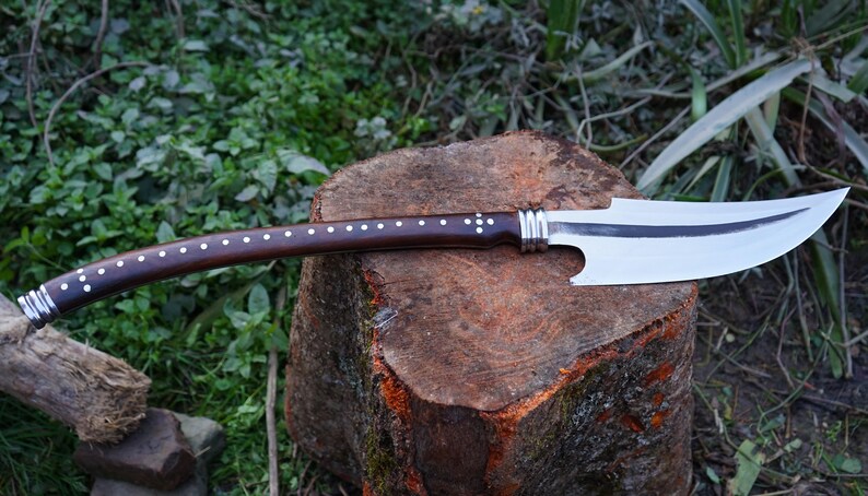 Long knife with wooden handle on a tree stump in a natural setting