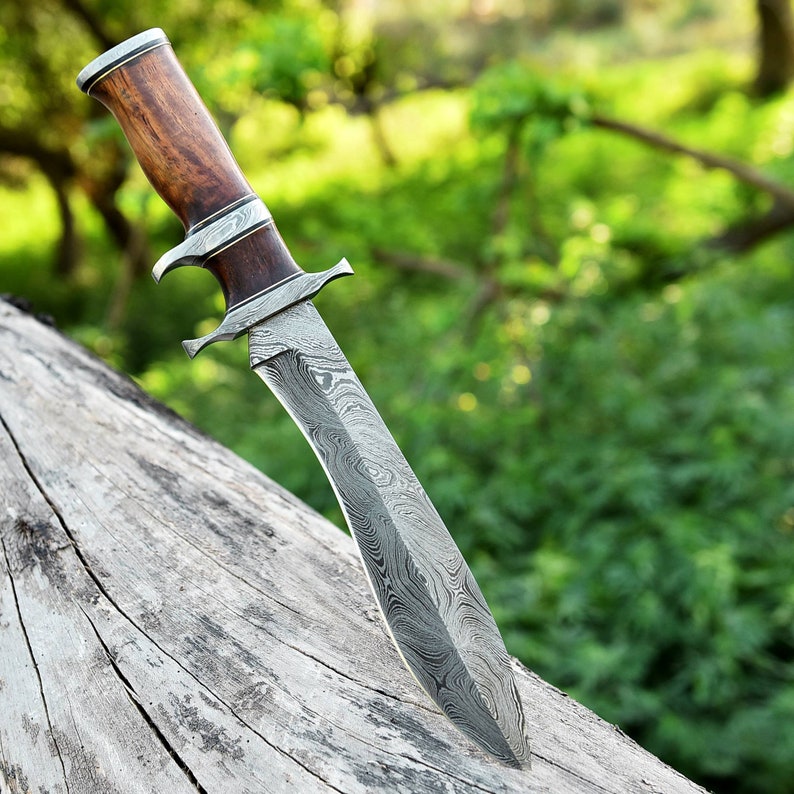 Custom Handmade Damascus Steel Bowie Knife with Premium Rosewood Handle