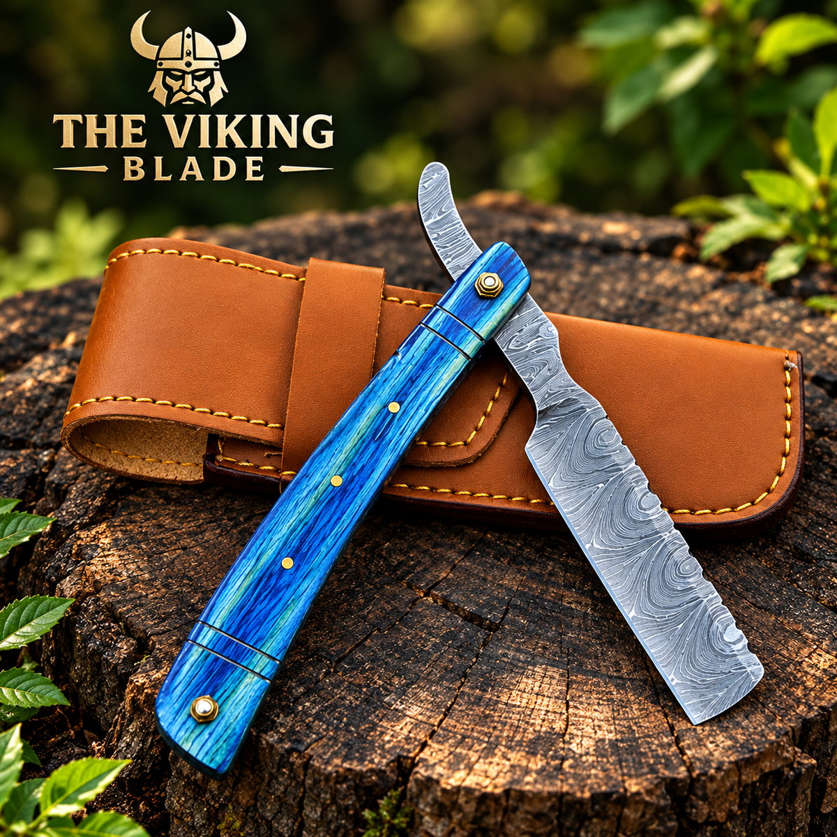Handmade Damascus Steel Straight Razor with Blue Pakka Wood Handle and Leather Pouch. Premium craftsmanship, sharp blade, and smooth, precise shaving.
