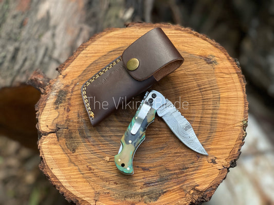 Custom Handmade Damascus Steel Folding Pocket Knife With Leather Pouch