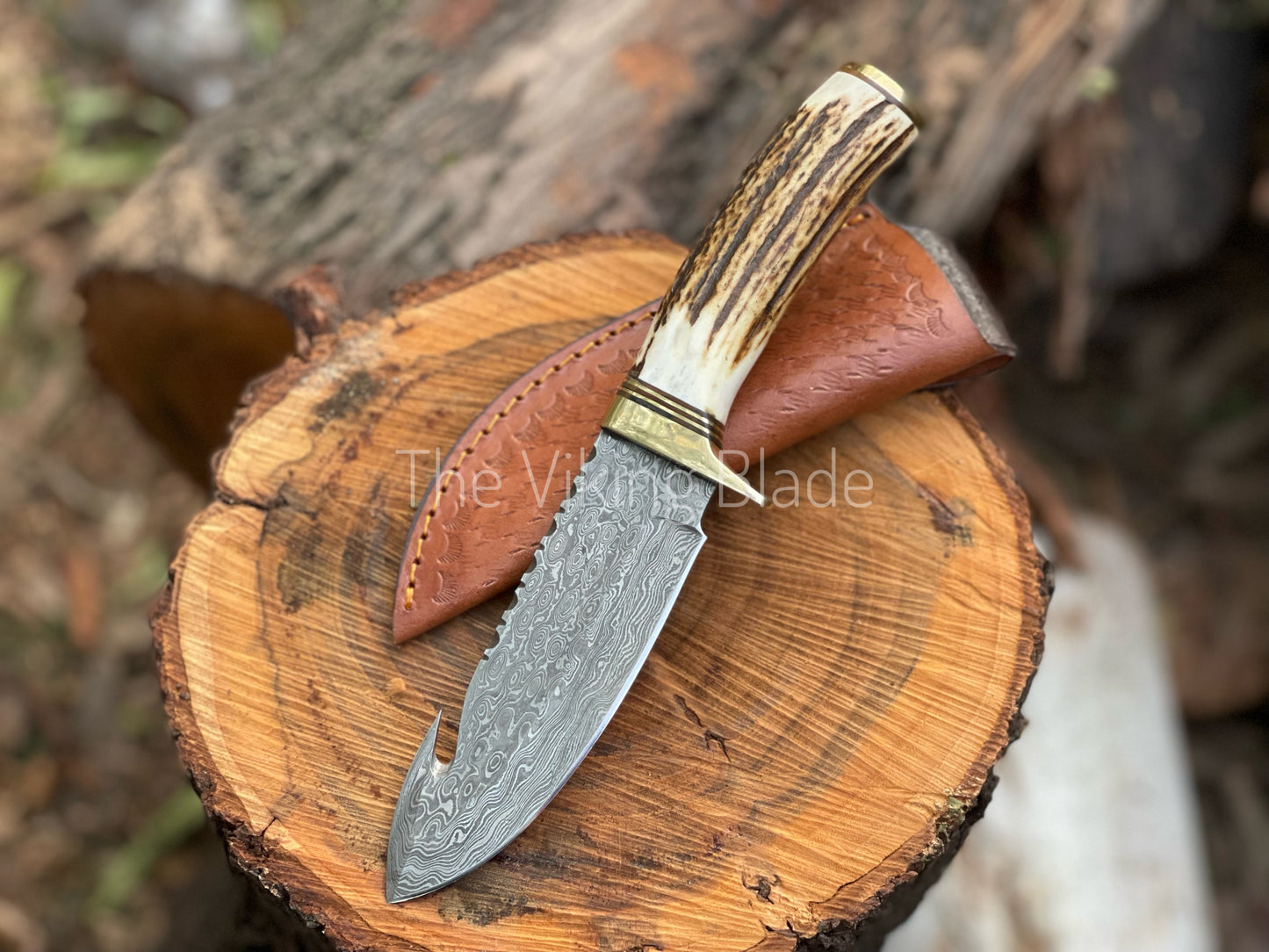 Custom Handmade Damascus Steel Gut Hook Hunting Knife With Leather Sheath