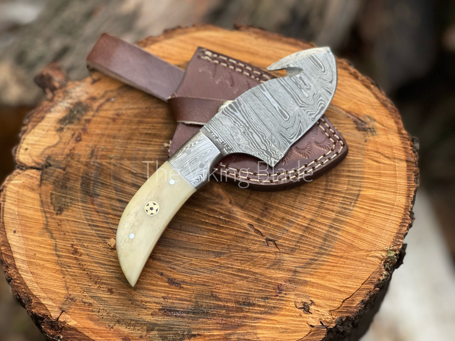 Custom Handmade Damascus Steel Gut Hook Hunting Knife With Leather Sheath