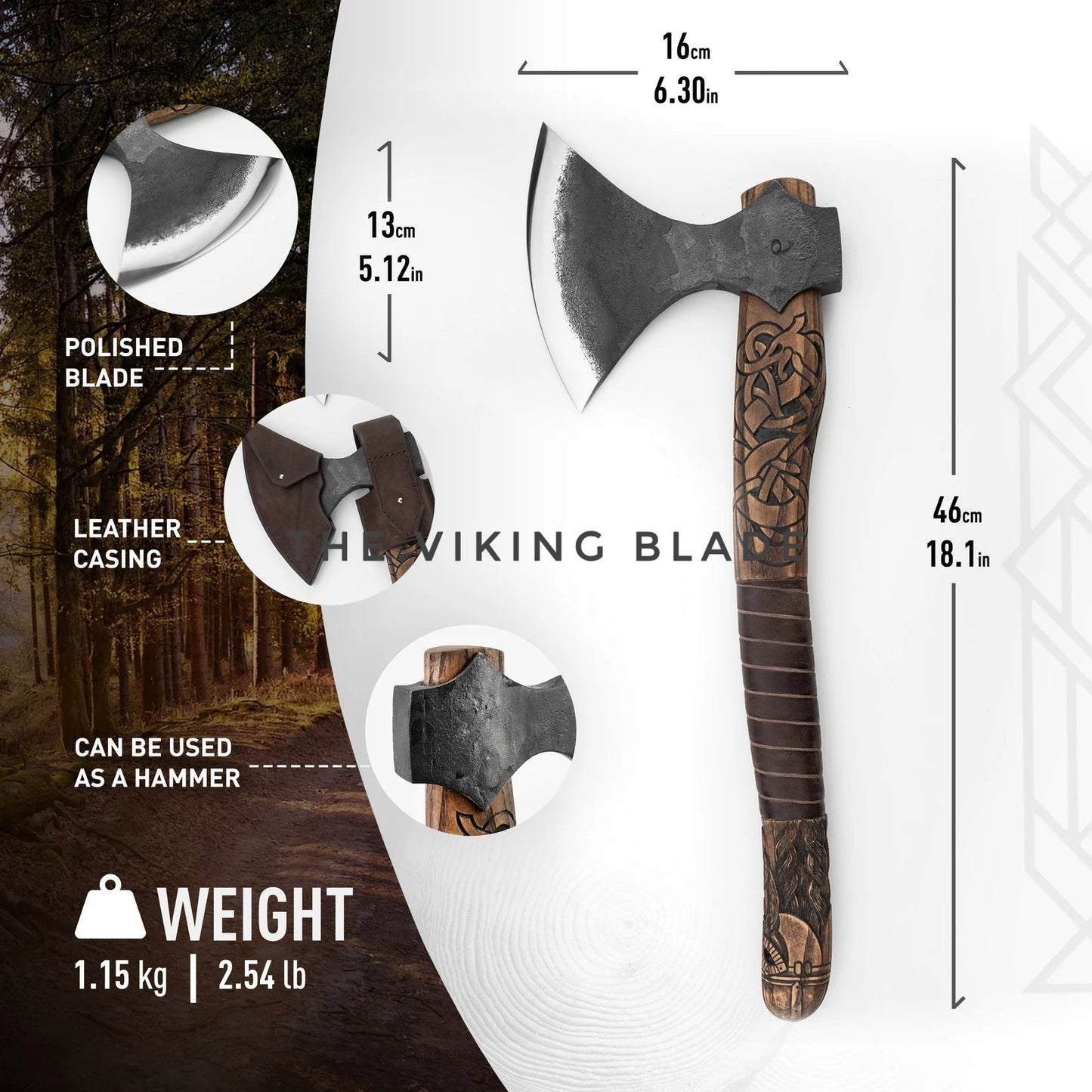Viking axe with detailed measurements and features on a white background