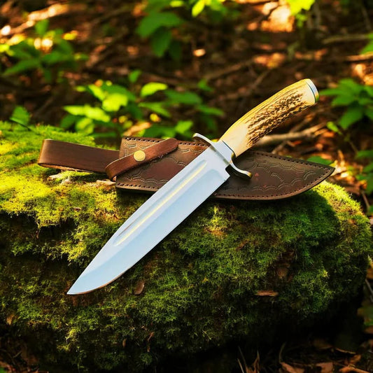 D2 Steel Blade with Antler Horn Handle With Leather Sheath