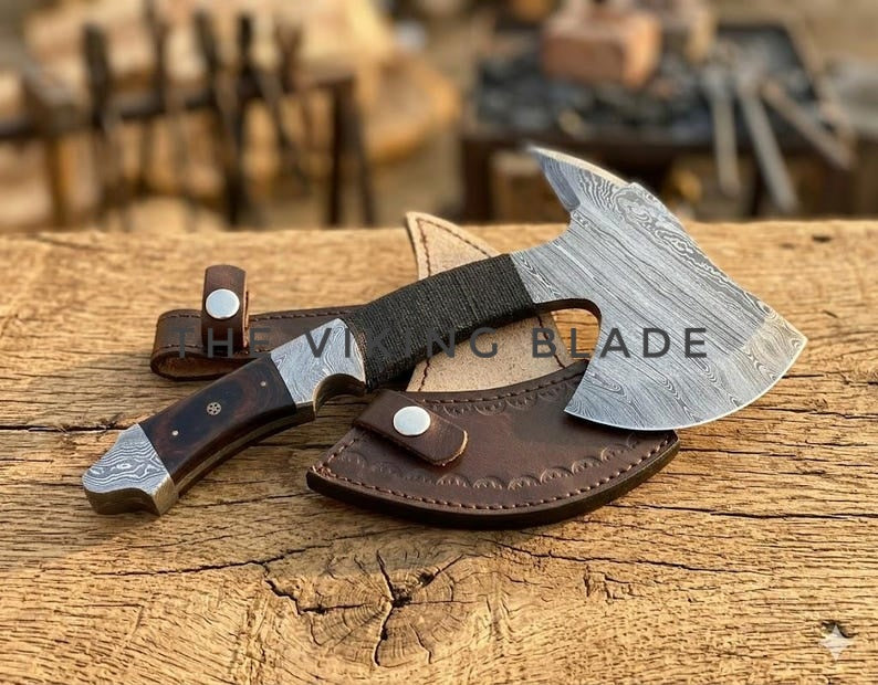 Handmade Damascus Steel Ax Hatchet – Custom Tomahawk with Leather Sheath, Full Tang Wood Handle