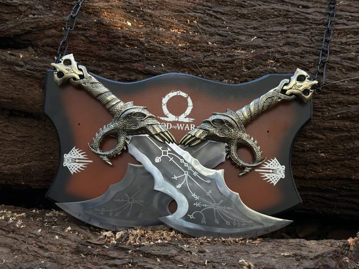 Decorative axe with dragon designs on a wooden background