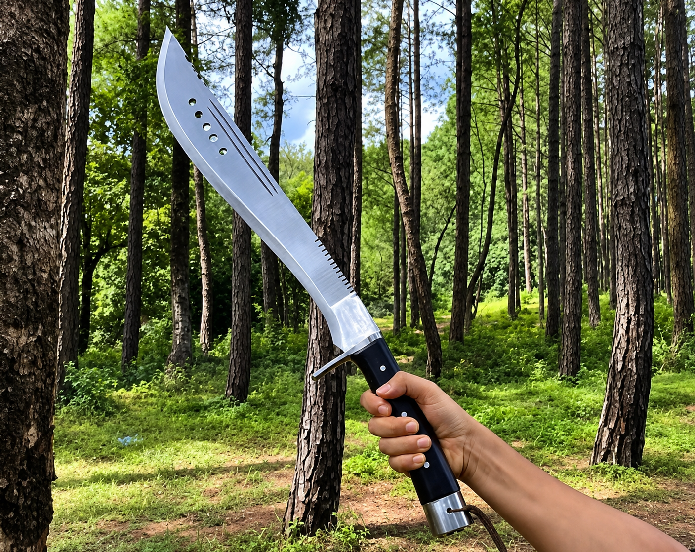 A large knife with a silver blade and black handle held by a hand in a forest setting.