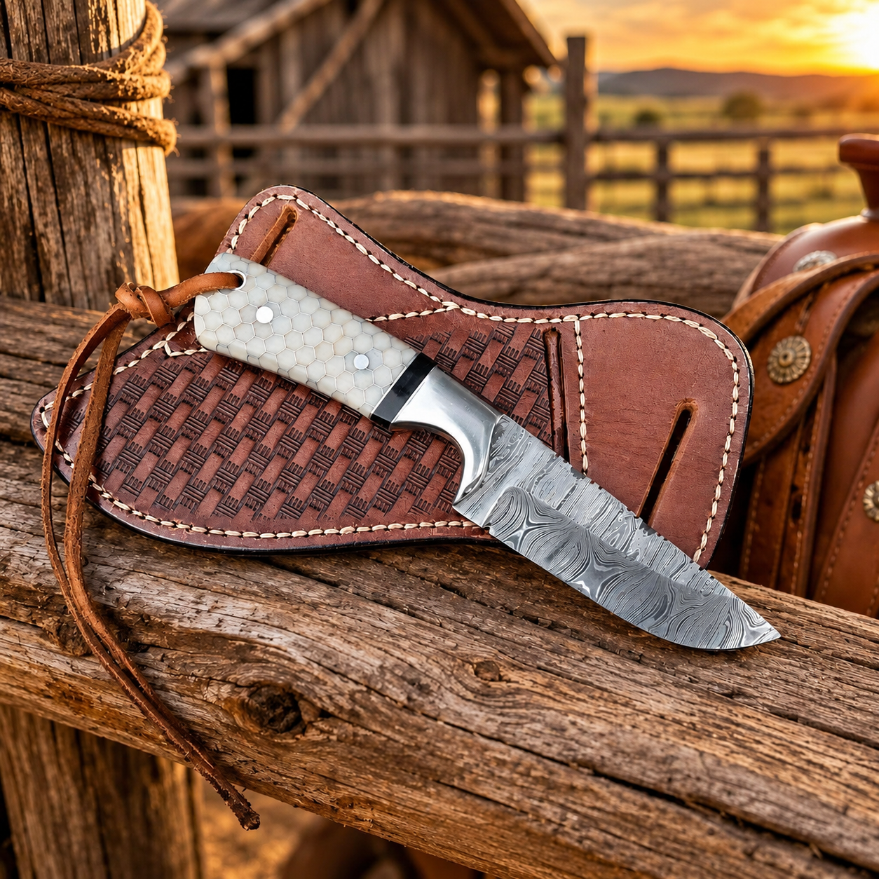 A fixed-blade knife with a patterned steel blade and textured off-white handle rests diagonally on a brown leather sheath, placed on a rustic wooden fence post with a blurred outdoor barn and sunset background.