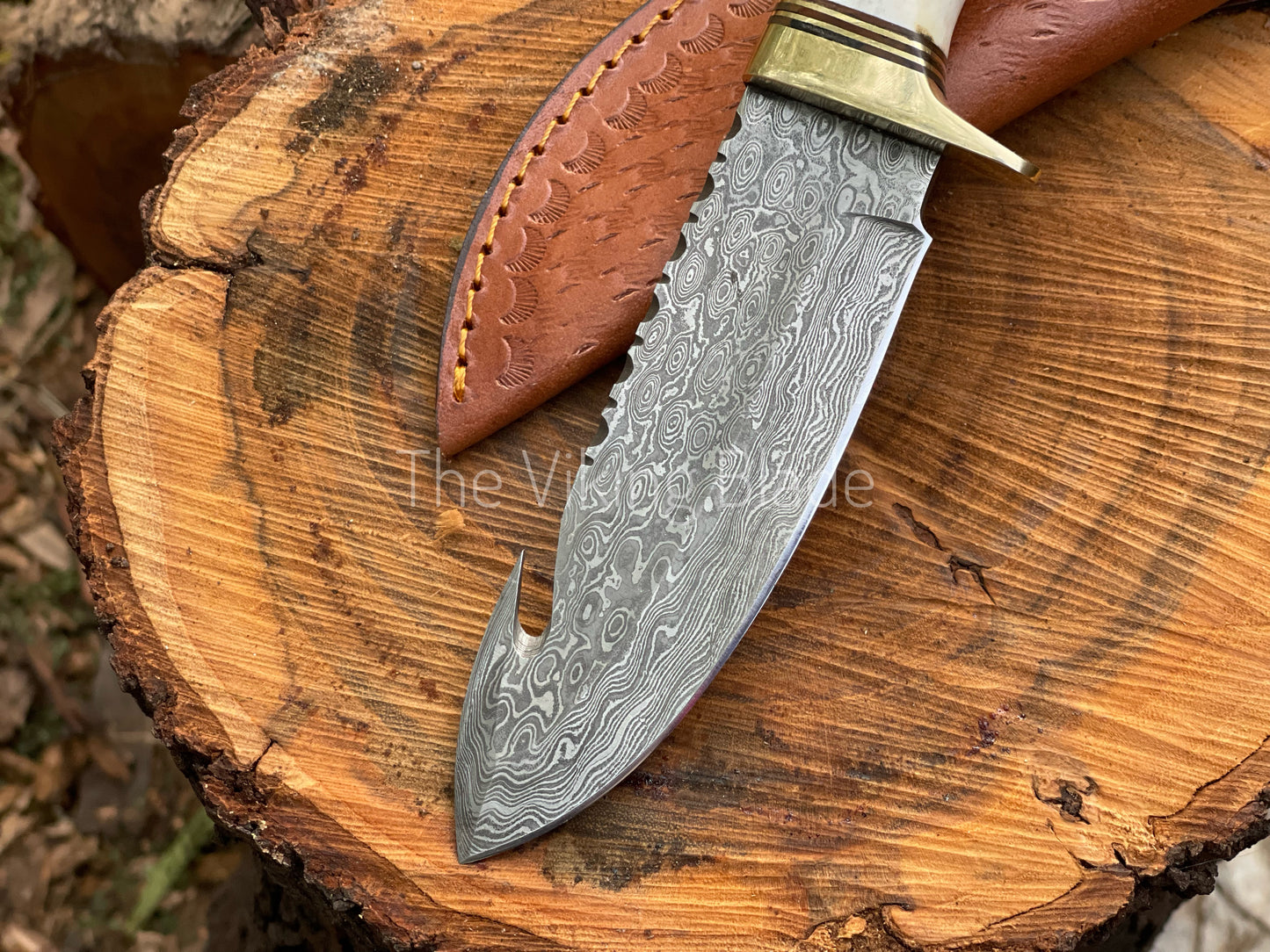 Custom Handmade Damascus Steel Gut Hook Hunting Knife With Leather Sheath