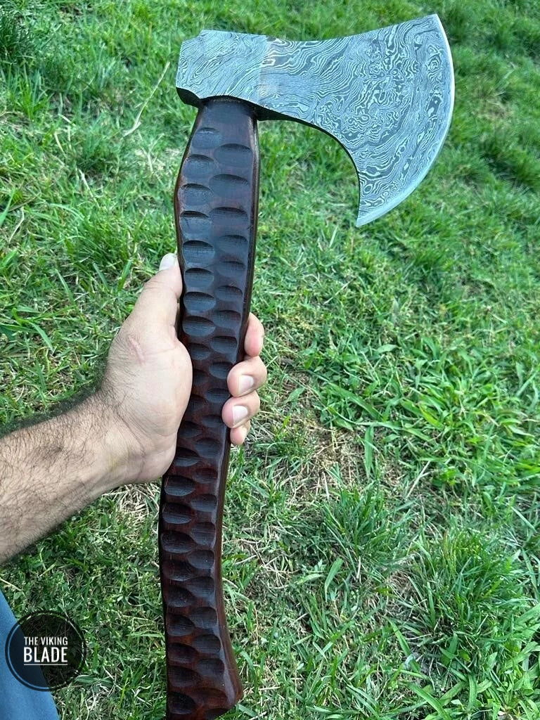 CUSTOM HAND-FORGED DAMASCUS STEEL CAMPING HATCHET TOMAHAWK AXE | The Viking Blade |
