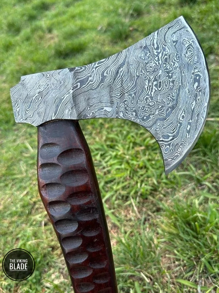 CUSTOM HAND-FORGED DAMASCUS STEEL CAMPING HATCHET TOMAHAWK AXE | The Viking Blade |