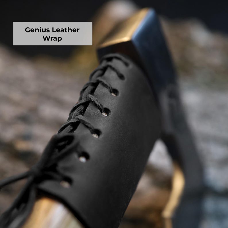 Black leather shoe with gold accents and 'Genius Leather Wrap' text.