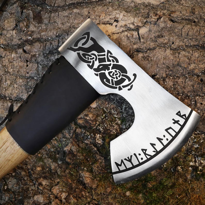 Camping Hatchet for Chopping, Bearded Bushcraft Axe with Sheath | The Viking Blade |