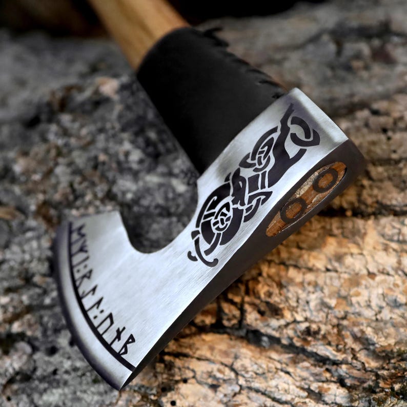 Camping Hatchet for Chopping, Bearded Bushcraft Axe with Sheath | The Viking Blade |