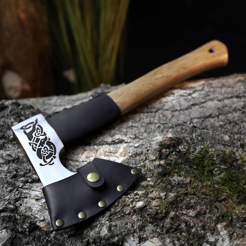 Camping Hatchet for Chopping, Bearded Bushcraft Axe with Sheath | The Viking Blade |