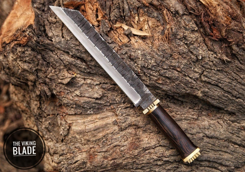 Fixed blade carbon steel Seax knife with durable leather sheath for camping and collecting.
