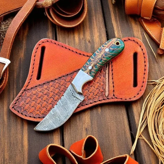 8" Damascus Steel Blade & Green Epoxy Pine Cone Resin Handle With Leather Sheath