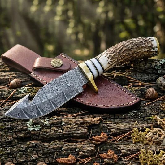 Custom Damascus Hunting Guthook Knife with Stag Horn Handle & Leather Sheath