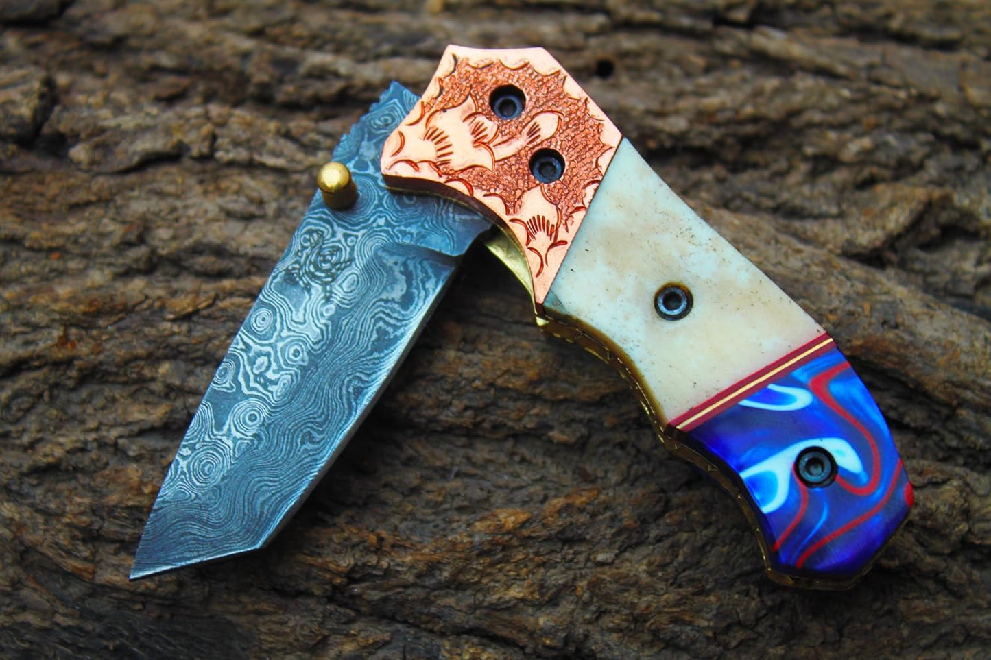 Handcrafted Damascus Steel Folding Pocket Knife with Leather Pouch