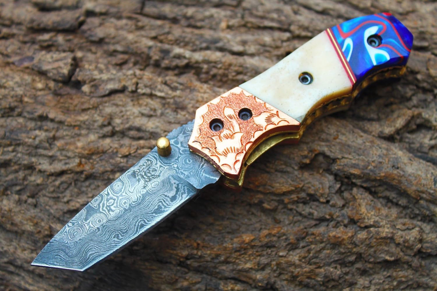 Handcrafted Damascus Steel Folding Pocket Knife with Leather Pouch