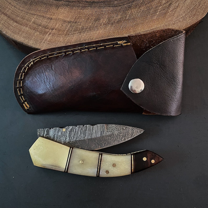 Custom Handmade Damascus Steel Folding Pocket Knife with Genuine Leather Pouch – Hand-Forged EDC Knife
