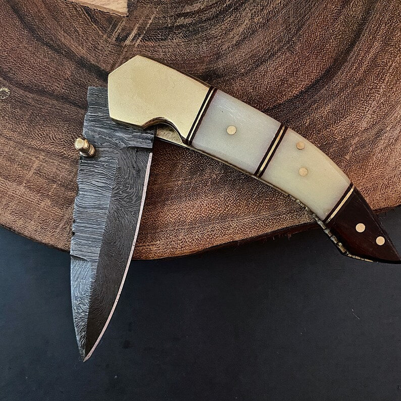 Custom Handmade Damascus Steel Folding Pocket Knife with Genuine Leather Pouch – Hand-Forged EDC Knife
