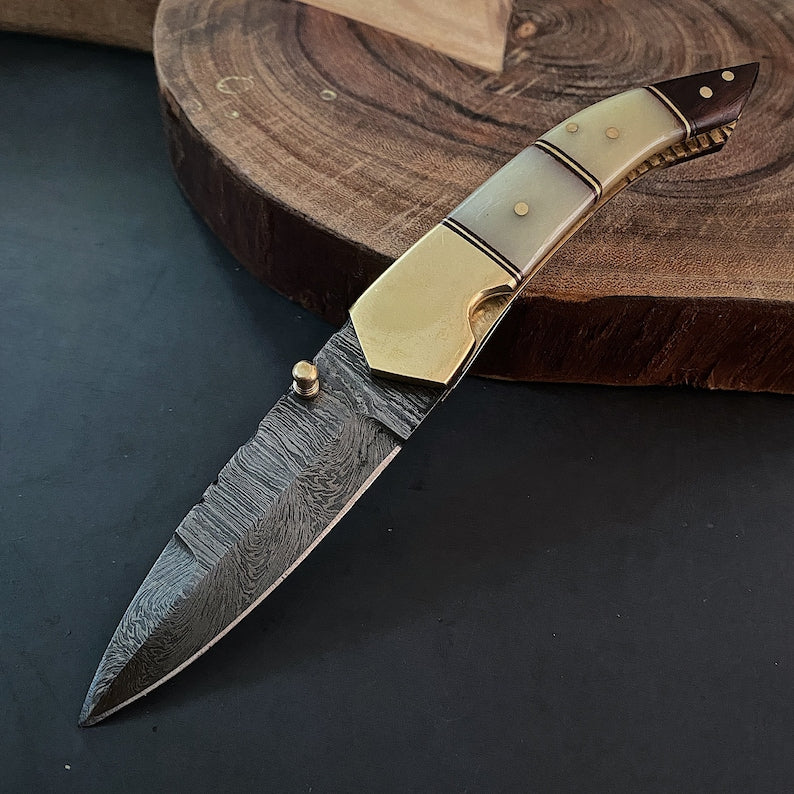 Custom Handmade Damascus Steel Folding Pocket Knife with Genuine Leather Pouch – Hand-Forged EDC Knife