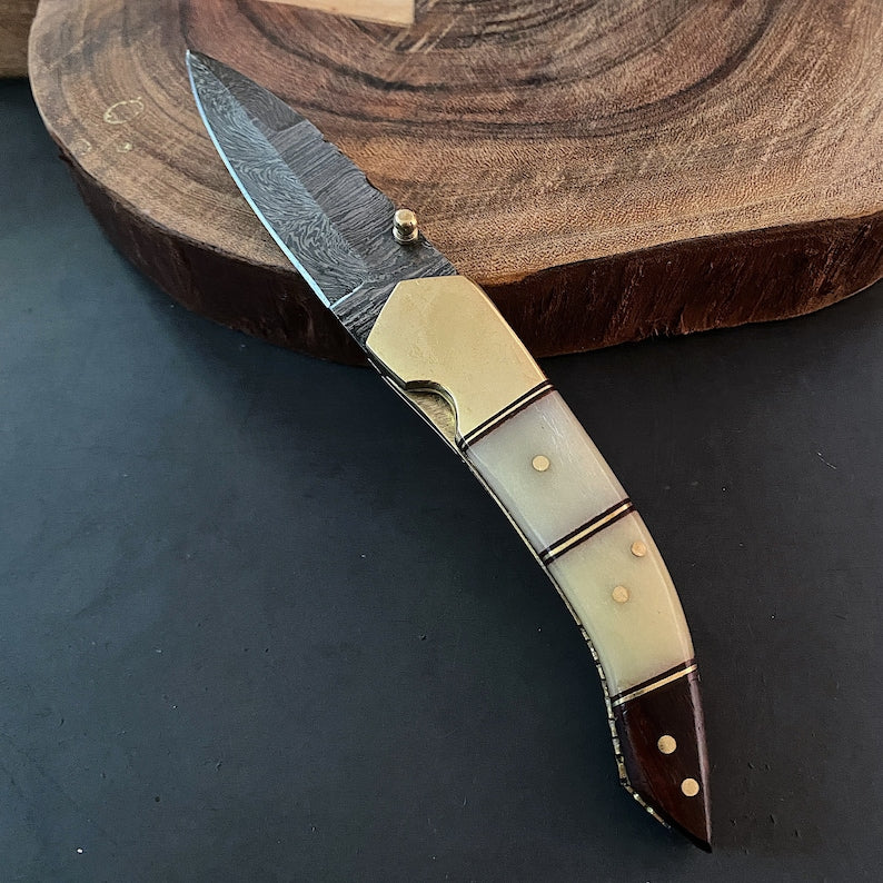Custom Handmade Damascus Steel Folding Pocket Knife with Genuine Leather Pouch – Hand-Forged EDC Knife